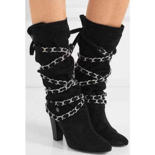 Drop Shipping 2017 Fall Brand Choudory Women Black Khaki Chains Mid-calf Rough Heel High Heel Boots Big Size Boots lady