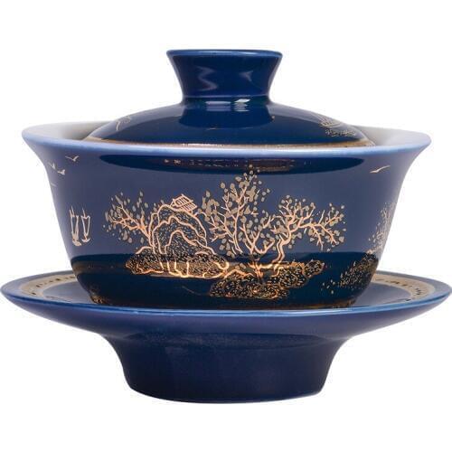 Silver Tea Set 999 Ji Blue Landscape Kung Fu Cover Bowl Silver Gilded Tea Cup Tea Set Blue And White Gold Inlaid Ceramic Medium