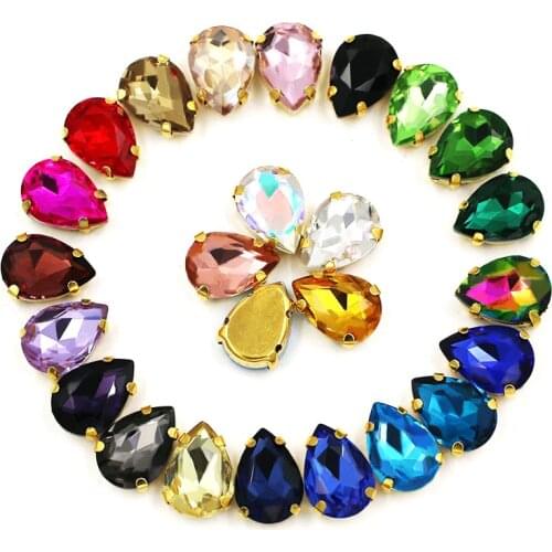 Teardrop shape flatback glass strass crystal sewing rhinestones with gold base for clothing/wedding decoration