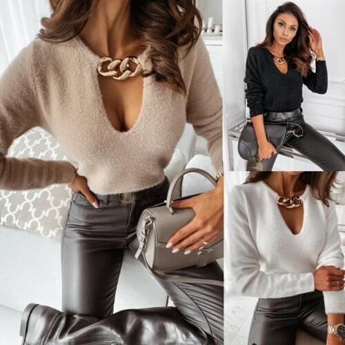 Womens Soft Plush Shirt Solid Color Long Sleeve Metal Chain Sexy V-Neck Autumn Wild T-Shirt Elegant Fitting Gentle Daily Top