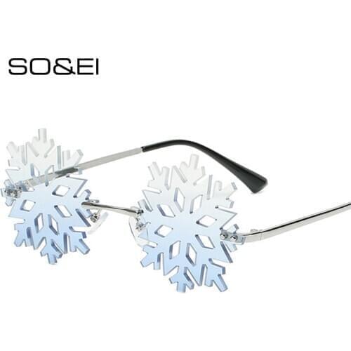 SO&EI Fashion Snowflake Shape Sunglasses Women Vintage Unique Rimless Clear Blue Eyewear Men Hollow Sun Glasses Shades UV400