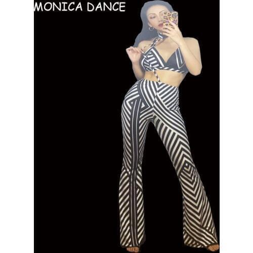Women Sexy Stage Black and white striped Bra Set Nightclub Party Wome Stage Wear Dancer Singer Performance Dance Costume