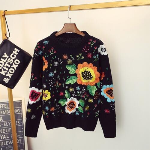 Autumn Winter Luxury Runway Fashion Knitted Sweaters Long Sleeve Floral Embroidered Casual Pullover tops Female