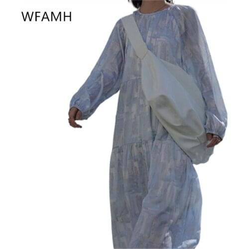 2021 summer new design sense lazy fashion long-sleeved round neck pullover loose cake long dress women Polyester Pullover Solid