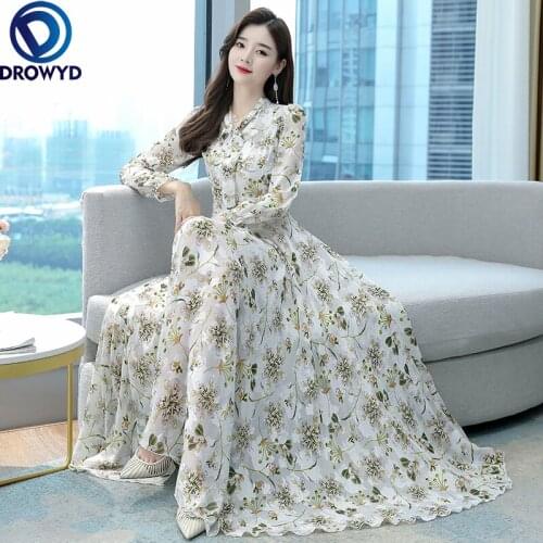 Spring Autumn Vintage Floral Chiffon Midi Dress Fashion Boho Beach Dress 2021 Elegant Women Party Long Sleeve Evening Vestidos