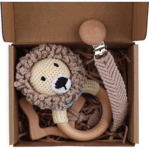 1Set Crochet Lion Baby Teether Rattle Safe Beech Wooden Teether Ring Pacifier Clip Chain Set Newborn Mobile Gym Educational Toy