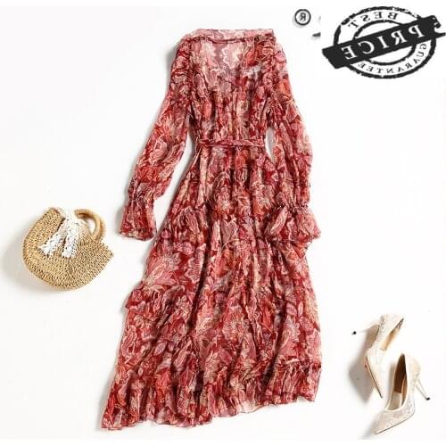 100% Silk Spring Summer Dress 2021 Floral Red Dress Female Elegant Long Sleeve Dresses for Women Korean Clothes Vestidos