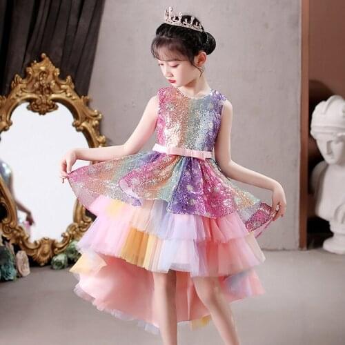 2021 Tulle Lace Ball Gown Flower Girl Dress Color Sequins baby Princess Dress Illusion Girl Wedding Party clothes Baptism dress