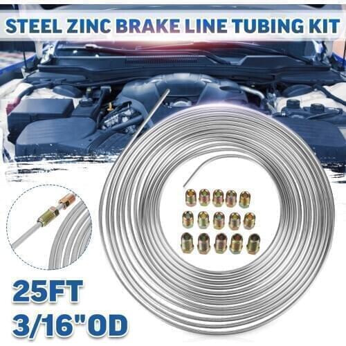 25ft Silver Steel Zinc Brake Line Pipe Hose Tube Kit Joiner Joint 3/16 Union + 15Pcs Nuts