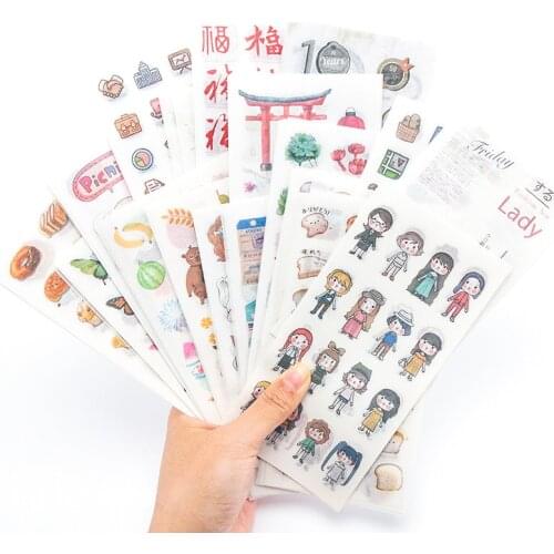 6pcs Kawaii Cat Flowers Art Supplies Japanese Word Stickers Bullet Journal Aesthetic Deco Stationery Scrapbooking Stickers