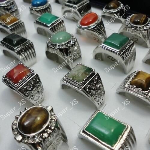 80Pcs Natural Stone and Synthetic Stone Mixed Silver Plated Rings For Men Jewelry Bulk Lots Free Shipping RL248