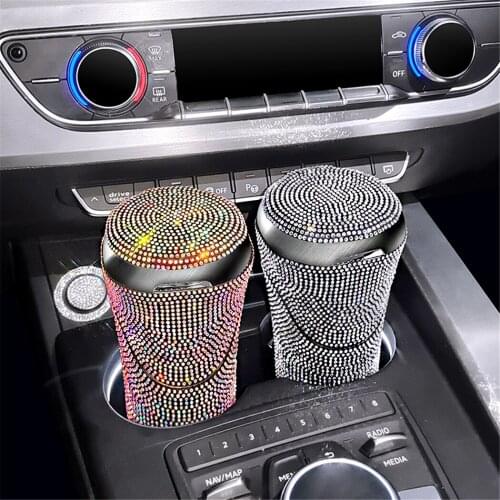 Auto Car Cigarette Ashtray with Bling Crystal Diamond Lid and Blue LED Light Indicator, Fits for Most Car Vehicle Smokeless
