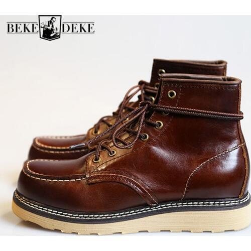 Italy Natural Leather Retro Safety Shoes Men Handmade Quality Lace Up High Top Boots Couple Winter Working Ankle Boots