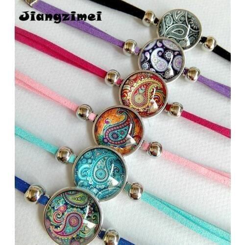 Jiangzimei 24pcs/lot Bandanna Paisley Mandala Flower bracelets Ethnic Retro Style Glass cabochon Leather Bracelet paty gift
