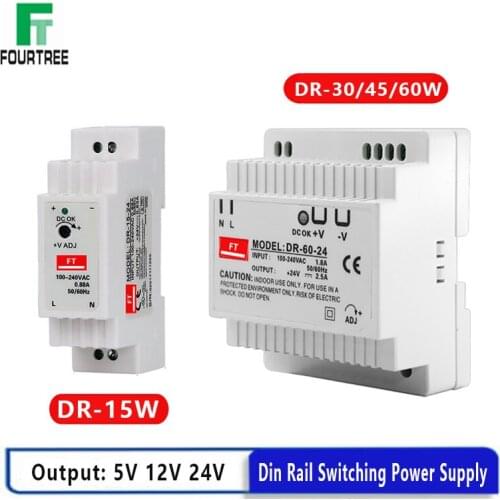 DIN Rail Switching Power Supply DR-15W 30W 45W 60W Single Output 5V 12V 24V AC DC Converter Power Switch Input 110/240VAC