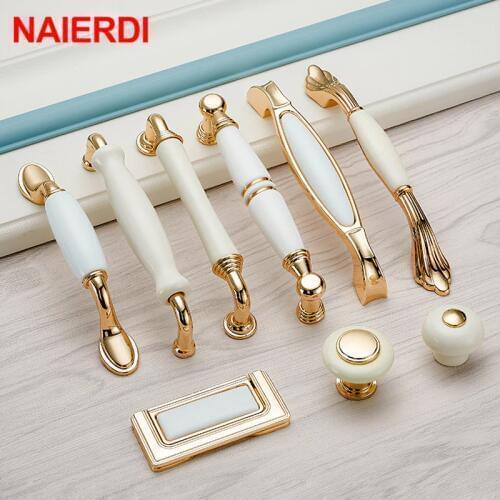NAIERDI Gold White Creamic Cabinet Handles Knobs Drawer Pulls Kitchen Door Handles Furniture Handle Cabinet Door Hardware