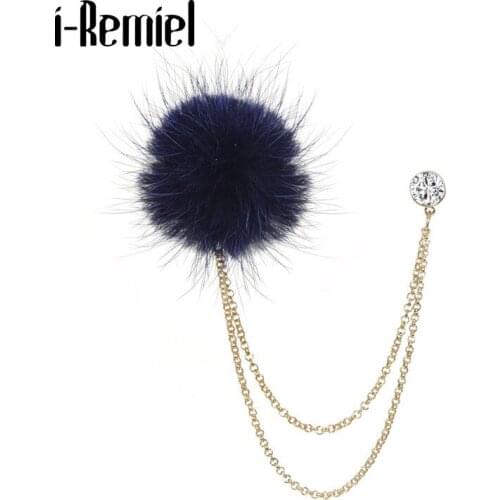Korean Hair Ball Brooches for Women Rhinestone Metal Chain Tassel Brooch Suit Coat Lapel Pin Simple Pins Jewelry Accessories