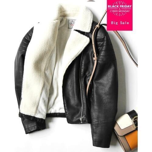 Fashion brand faux lambwool velvet thikcer pu leather jacket female street style zipper stitching warm leather jacket coat wq422