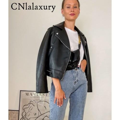 CNlalaxury 2021 New Spring Autumn Black Soft Faux Pu Leather Short Jacket Women Lapel Pu Coat Black Zipper Motorcycle Outwwear