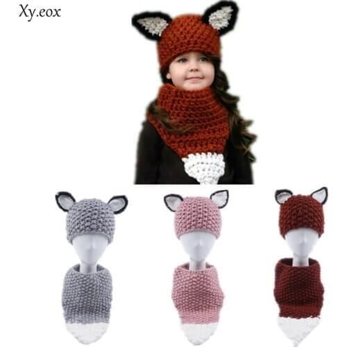 Lovely cartoon Childrens baby beanie warm hat cute fox hat scarf & hat sets knitted bib cap