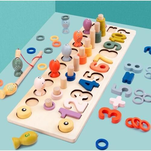 Multi-function Puzzle Logarithmic Wood Three-dimensional Puzzle Early Education Toys Digital Fishing Shape Puzzle