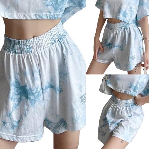 Fashion tie dyed leisure sports loose suit, new leisure short sleeve Lapel T-Shirt Top + High Waist Shorts sports leisure suit