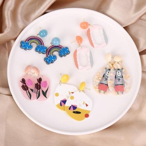 Personality jewelry with acrylic clown print sports cute cartoon character rainbow bear umbrella nightclub earrings for female