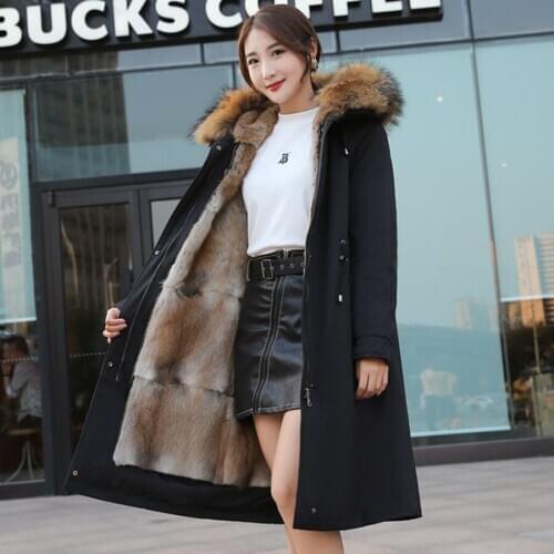 Natural Muskrats Fur Parka Women Winter Hooded Warm Jacket Coat Stately High Quality Big Raccoon Fur Collar