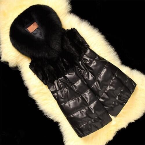 Winter Autumn Fur Vest Imitation Rabbit Fur Collar Black S-6XL Plus Size Faux Fur Coat Women PU Leather Jacket Female Waistcoats