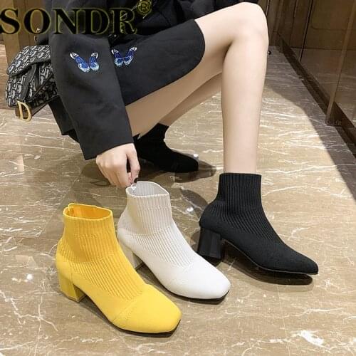 2020 autumn Stretch Fabrics Sock Boots For Women Shoes high heels Square Heel Knitting shoes Elastic ankle Boots Lady Footwear