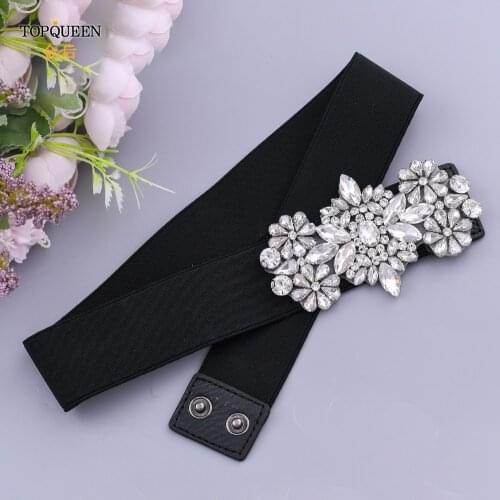 TOPQUEEN S325-D Luxury Womens Rhinestone Skinny Belt Floral Elastic Cummerbunds for Lady Black Belt for Formal Dress