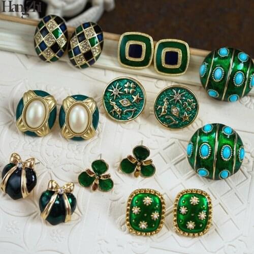 HangZhi 2020 New Vintage Blue Starry Sky Oval Geometric Pearl Shiny Rhinestones Stud Earrings for Women Bride Engagement Jewelry