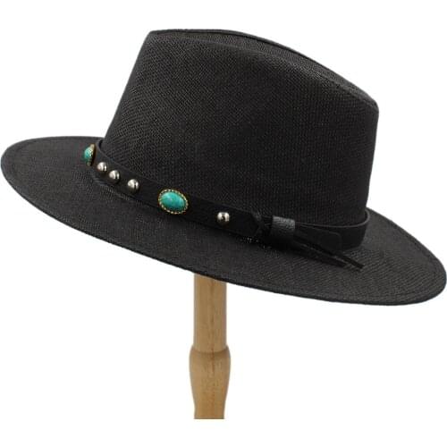 2019 Women Men Panama Straw Sun Hat With Wide Brim Panama Hat For Beach Fedora Sunbonnet Hat With Punk Belt Size 56-58CM