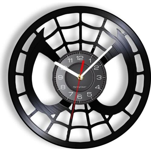 Eye Patch & Spider Web Vinyl Album Re-purposed Record Clock Superhero Inspired Heroical Themed Retro Timepieces Nursery Decor