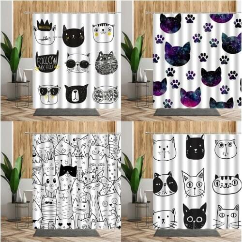 3D Cartoons Black White Cat Bathroom Waterproof Shower Curtain Simple Footprint Bathroom Curtains Set Bathtub Screen With Hooks