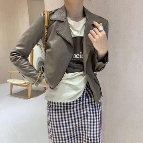 Korean Short Women Coffee Color Beige Faux Leather Jacket Spring Autumn Lapel Long Sleeve Casual Moto Biker Jacket Abrigo Mujer