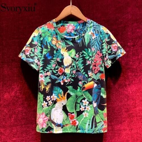 Svoryxiu 2020 New Womens Summer Vintage Short Sleeve T Shirts Fashion Beaded Parrot Flower Print Designer Plus Size Tops Tees