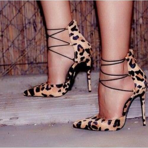 Sexy high heel pointed toe cross-tied super high thin heels lace-up leopard women stilettos party fashion shoes leopard print