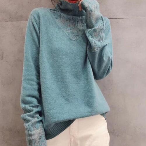 Fall/Winter 2020 New High Neck Knitwear Slim Long Sleeve Sweater Lace Stitching Bottoming Shirt for Women