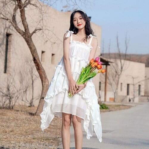 Women Midi Backless White Slip Dress Sundress Summer 2021 Runway Ruffle Ruched Vintage Fairy Beach Vacation Party Cake Dresses