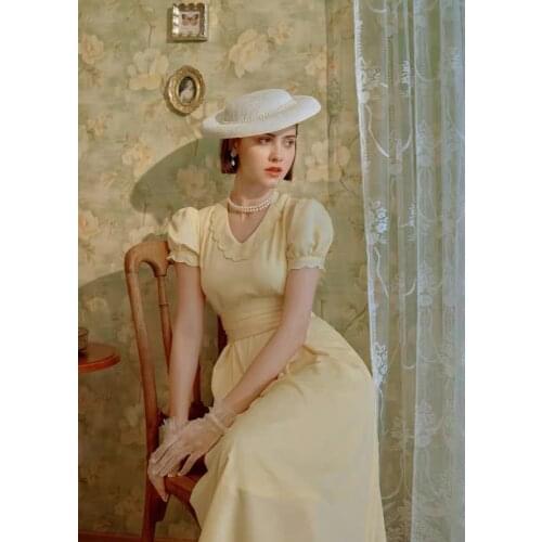 Hepburn-Style Women Wave Collar Light Yellow Big Hem Long Dress Summer Short Sleeve One-piece Elegant