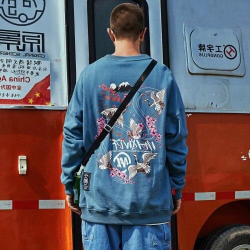 Crane Japanese Sakura Print Harajuku Hip Hop Streetwear Hoodie Sweatshirt Men Cotton Loose Pullover Oversize