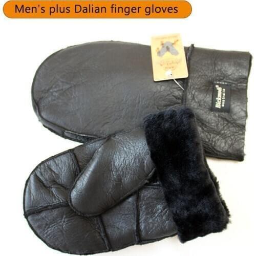 Winter warm sheepskin fur mittens mens leather gloves thick wool plus black outdoor motorcycle riding wind and cold
