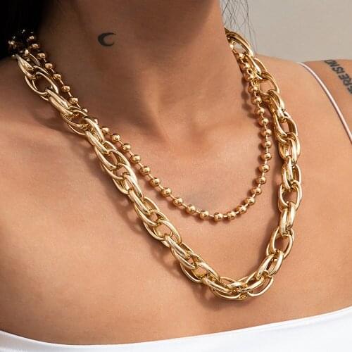 2Pcs/Set Punk Hip Hop Chunky Thick Twisted Choker Necklace For Women Gold Color Multi Layered Beaded Chain Necklaces Jewelry
