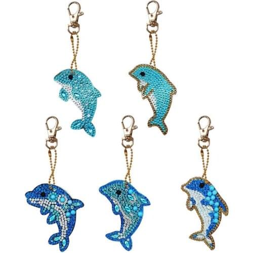 5pcs Dolphin Shape Key Chains DIY Diamond Painting Keychains Full Drill Diamond Embroidery Exquisite Keyring Pendants Gift