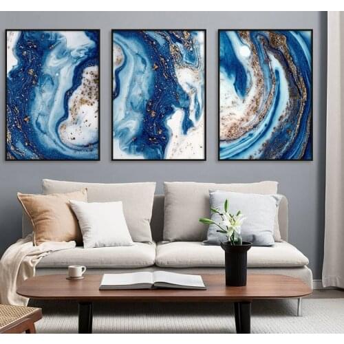 Abstract Gold Luxury Wall Art Modern Decoration Paintings for Home Room Blue Canvas Pictures for Living Room Frameless