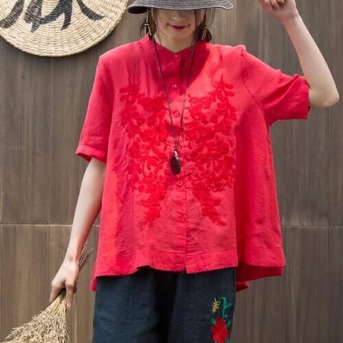 Ladies Tops Femme Blusas New Summer Style Women Shirt Plus Size Short Sleeve Loose Embroidery Cotton Linen Blouse Big