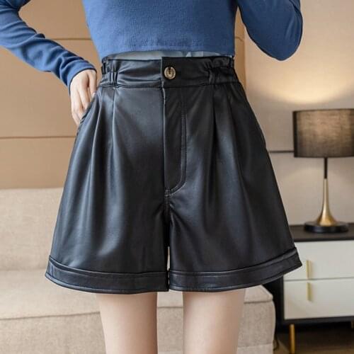 PU Leather Short Pants Womens Shorts Autumn Winter Korean Loose Elastic High Waist Wide Leg Woman Shorts Pantalon Corto Mujer