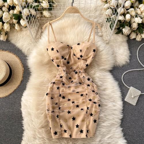 Summer Womens Dress Korean Style Sexy Net Yarn Was Thin Star Sling Dress New Pleated Slim Female Short Dresses HH058