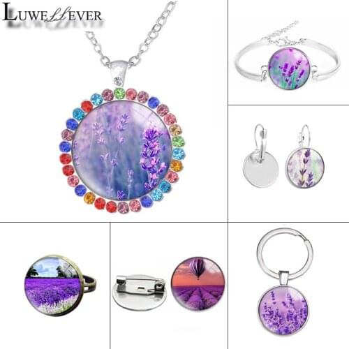 New 602 Lavender Glass Necklace Bracelet 30mm 25mm Double Sided Round Glass Cabochon Jewelry For Unisex Charm Pendant
